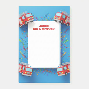 Red Fire Trucks Personalized Mitzvah  Post-it Notes
