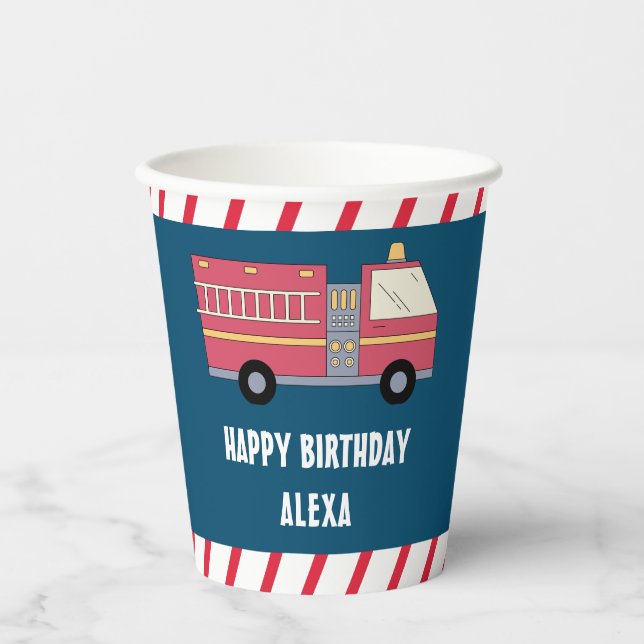 Red Firefighter Alarm Firetruck Birthday Supplies Paper Cups (Front)