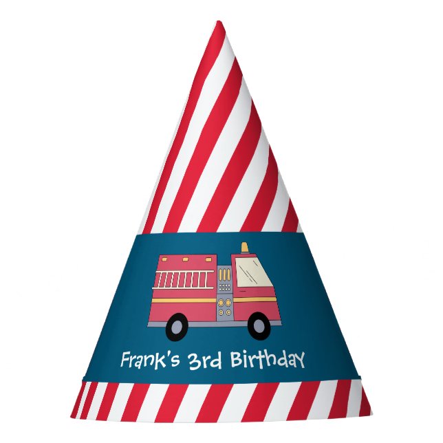 Red Firefighter Alarm Firetruck Birthday Supplies Party Hat (Front)