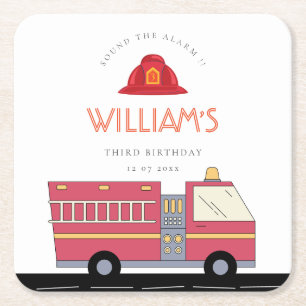 Red Firefighter Alarm Firetruck Birthday Supplies Square Paper Coaster