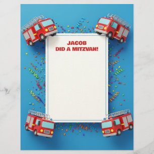 Red Firefighter Firetruck Customized Mitzvah Note Letterhead