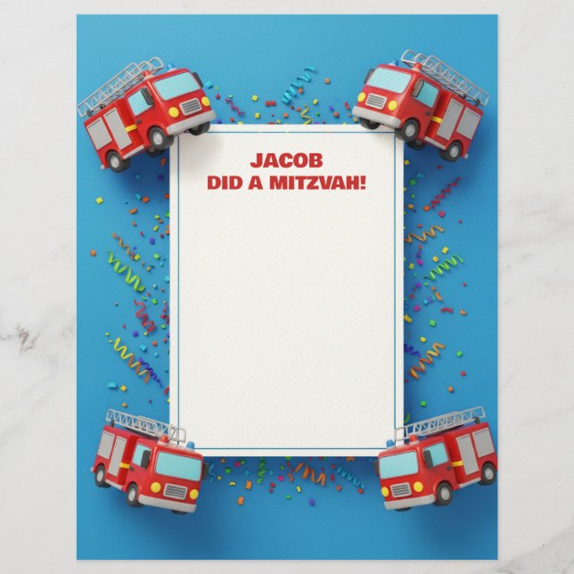 Red Firefighter Firetruck Customized Mitzvah Note Letterhead (Front)