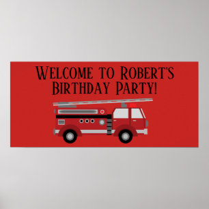 Red Firetruck Birthday Party Banner Poster