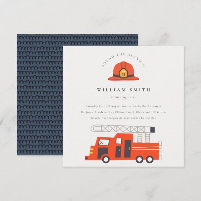 Red Firetruck Engine Kids Any Age Birthday Invite (Front/Back)