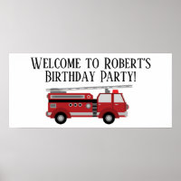 Red Firetruck White Birthday Party Banner