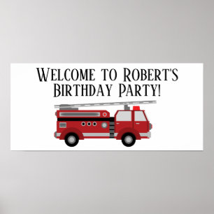 Red Firetruck White Birthday Party Banner Poster