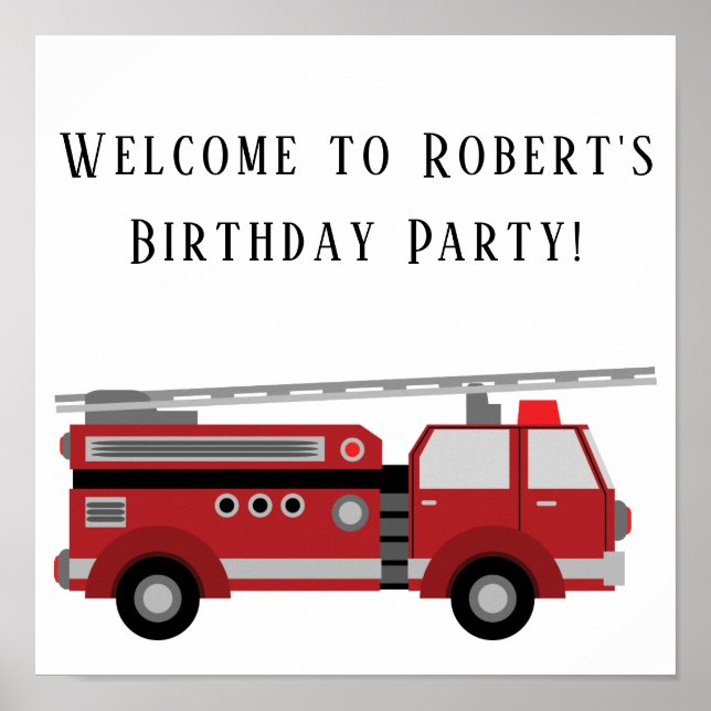 Red Firetruck White Birthday Party Square Poster (Front)