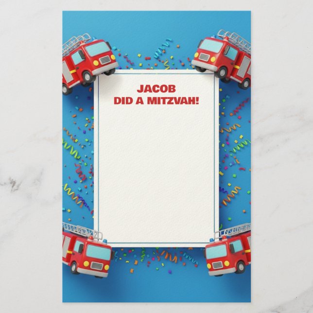 Red Firetrucks Customized Name Mitzvah Notes Stationery (Front)