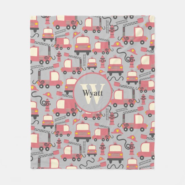 Red Firetrucks Firefighter Kids Personalized Fleece Blanket (Front)