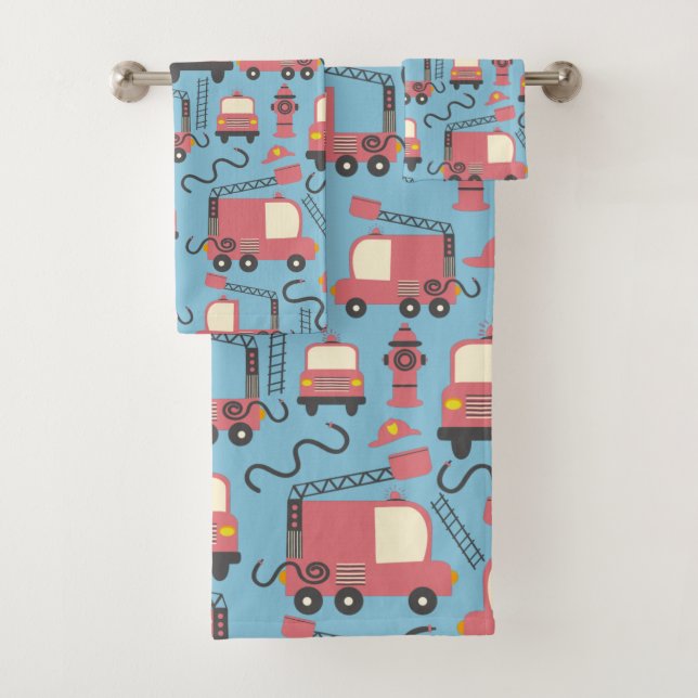 Red Firetrucks Firefighter Kids Rescue Vehicles Bath Towel Set (Insitu)