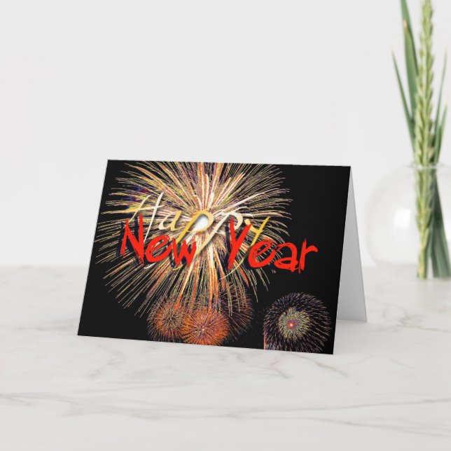 Red Fireworks Happy New Year 2022 Greeting Holiday Card (Front)