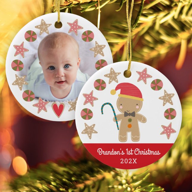 Red First Christmas Baby Photo Gingerbread Boy Ceramic Ornament (Creator Uploaded)
