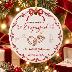 Red First Christmas Engaged Custom Names Date Ceramic Ornament
