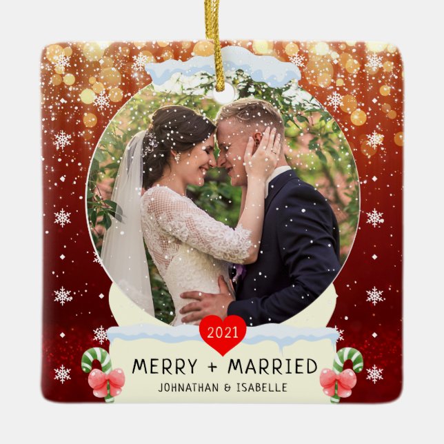 Red First Merry + Married White Snow Globe Ceramic Ornament (Front)