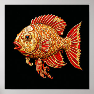 Red Fish Dark Painting Poster