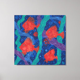 Red Fish, Seaweed Sea Ocean Animals Underwater Art Canvas Print