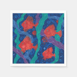 Red Fish, Seaweed Sea Ocean Animals Underwater Art Napkin