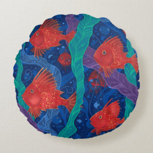 Red Fish, Seaweed Sea Ocean Animals Underwater Art Round Pillow