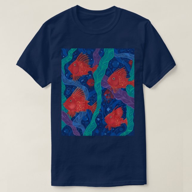 Red Fish, Seaweed Sea Ocean Animals Underwater Art T-Shirt (Design Front)