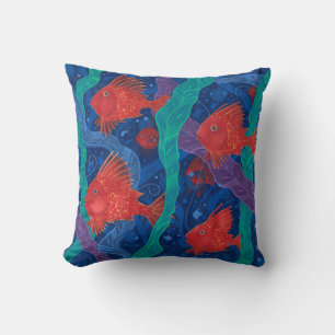 Red Fish, Seaweed Sea Ocean Animals Underwater Art Throw Pillow