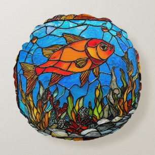 Red Fish Stained Glass Gift For Ocean Lovers Round Pillow