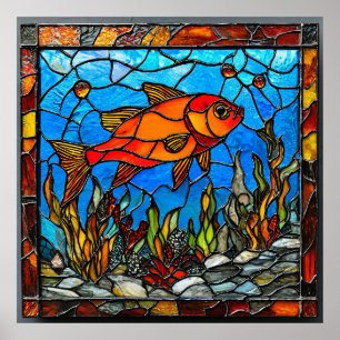 Red fish stained glass poster