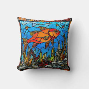 Red fish stained glass throw pillow