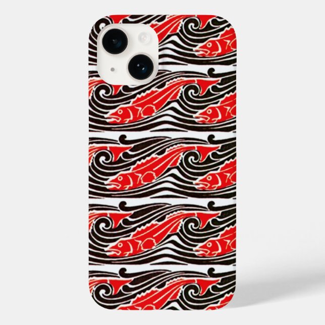 RED FISHES IN THE SEA WAVES Black White Pattern Case-Mate iPhone Case (Back)