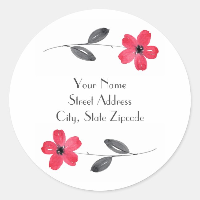 'Red Five Petal Watercolor Flower' Labels (Front)