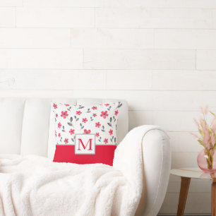 Red Five Petal Watercolor Flower Pattern Throw Pillow