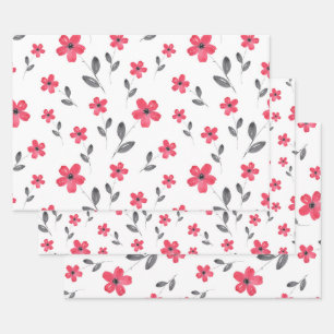 Red Five Petal Watercolor Flowers Wrapping Paper Sheet