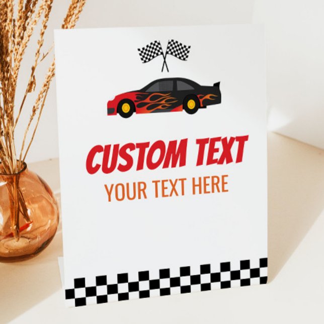 Red Flame Race Car Racecar Custom Text Party Pedestal Sign (Creator Uploaded)