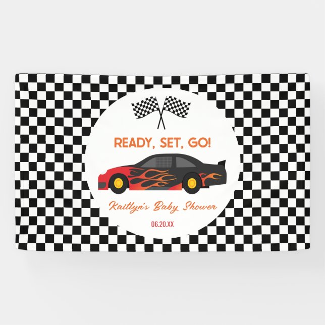 Red Flame Race Car Ready Set Go Baby Shower Banner (Horizontal)