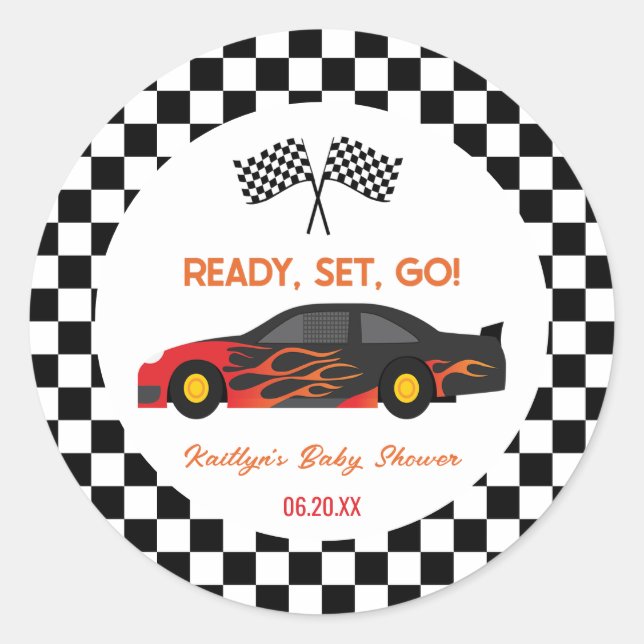 Red Flame Race Car Ready Set Go Baby Shower Favour Classic Round Sticker (Front)