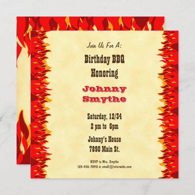 Red Flames Editable BBQ Cookout Square Invitation (Front/Back)