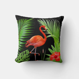 Red Flamingo, Hibiscus & Palm Leaves on Black Throw Pillow