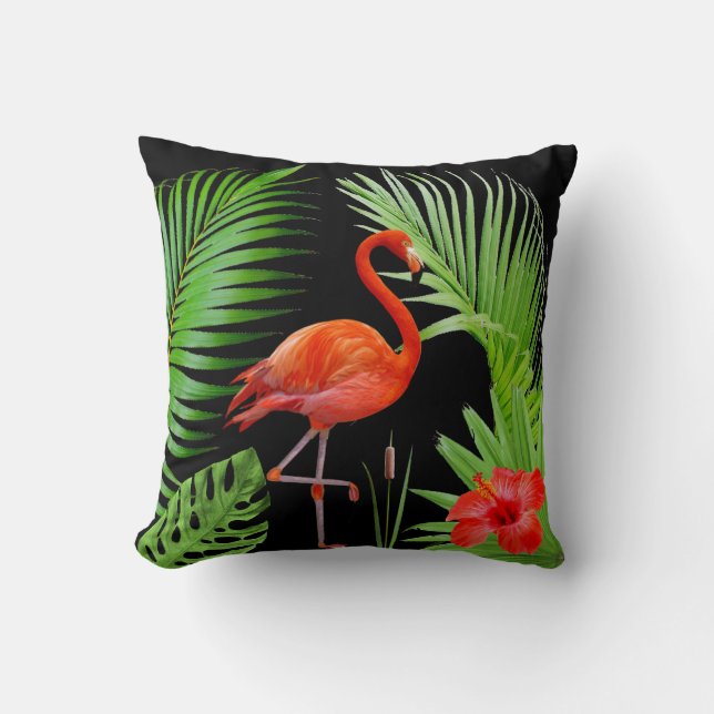 Red Flamingo, Hibiscus & Palm Leaves on Black Throw Pillow (Front)