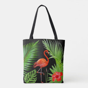 Red Flamingo, Hibiscus & Palm Leaves on Black Tote Bag