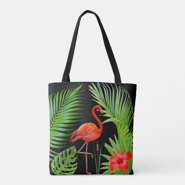 Red Flamingo, Hibiscus & Palm Leaves on Black Tote Bag (Back)