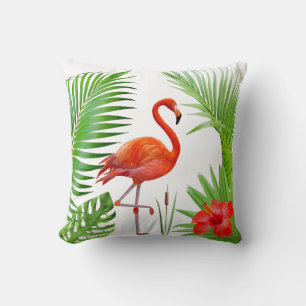 Red Flamingo, Hibiscus & Tropical Palm Leaves Throw Pillow