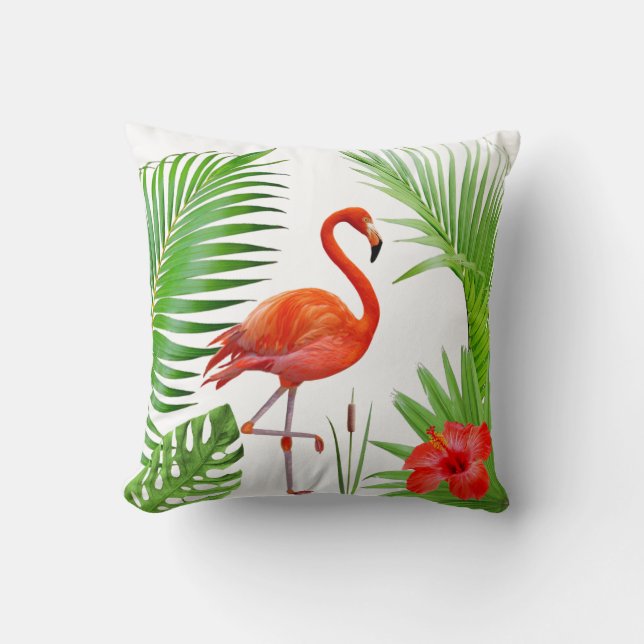 Red Flamingo, Hibiscus & Tropical Palm Leaves Throw Pillow (Front)