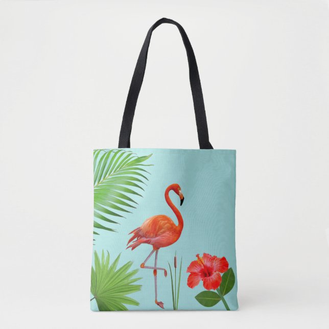 Red Flamingo, Hibiscus & Tropical Palm Leaves Tote Bag (Front)