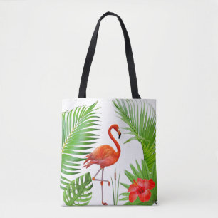 Red Flamingo, Hibiscus & Tropical Palm Leaves Tote Bag