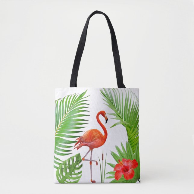 Red Flamingo, Hibiscus & Tropical Palm Leaves Tote Bag (Front)