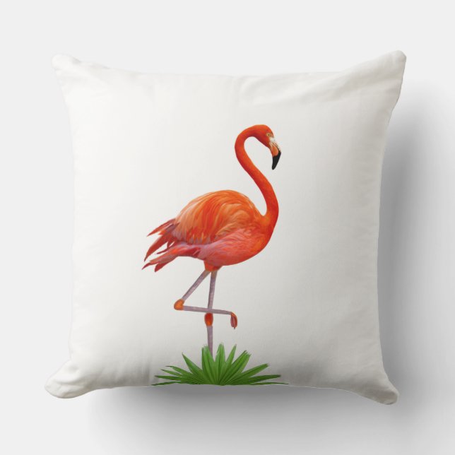 Red Flamingo & Tropical Palm Leaves Throw Pillow (Front)