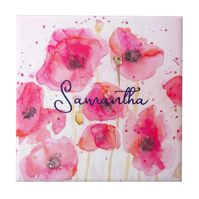 Red Flanders Poppy Flower Pattern Thank You Tile (Front)