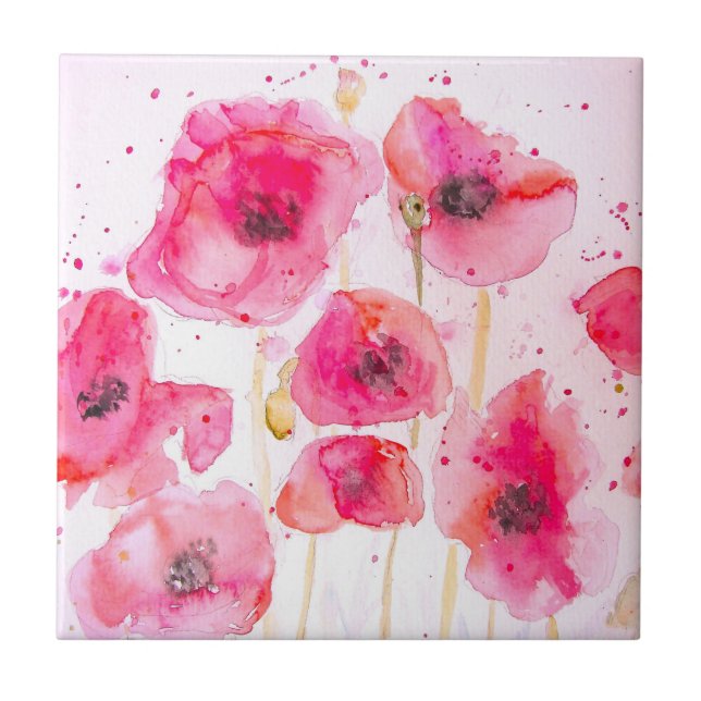 Red Flanders Poppy Watercolour Flower Pattern Tile (Front)