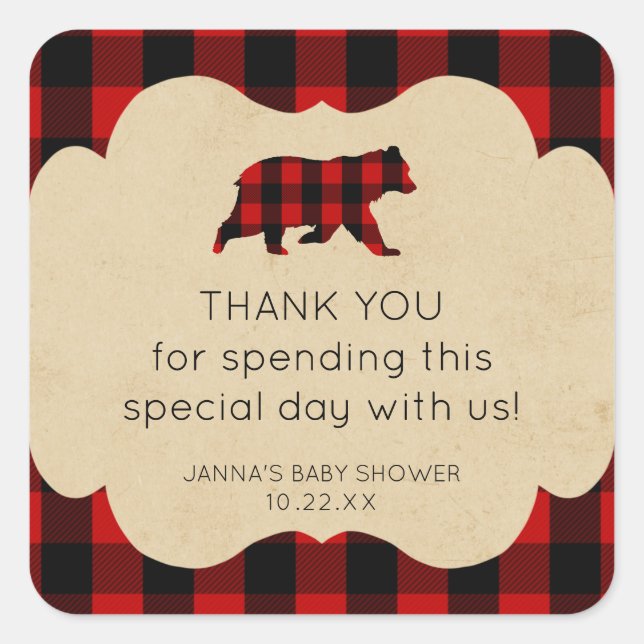 Red Flannel Plaid Bear thank you favour Square Sticker (Front)