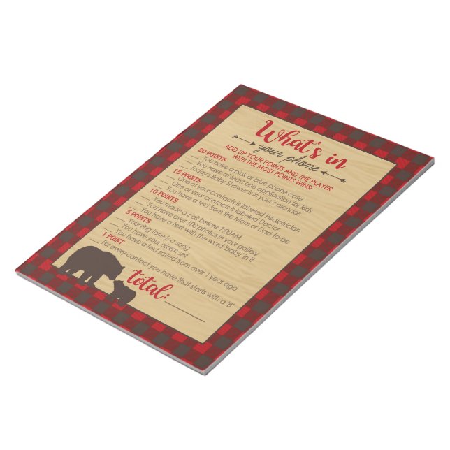Red Flannel What's In Your Phone Baby Shower Game Notepad (Angled)