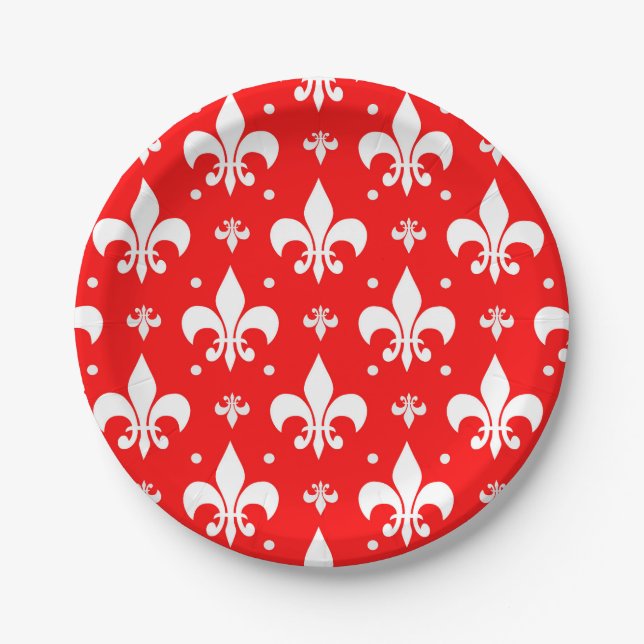 Red Fleur-de-lis Pattern Design  Paper Plate (Front)